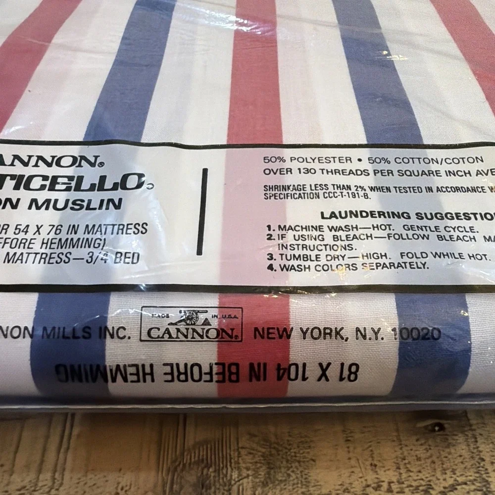 VTG USA 70/80s CANNON MONTICELLO RED WHITE BLUE FULL SZ FITTED & FLAT SHEET SET
